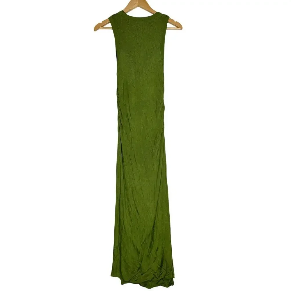 Atlein Tank Dress Chartreuse Knit Sleeveless Ruched Midi Bodycon Green Small